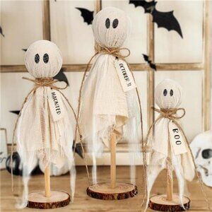 Halloween Decors Indoor - Set of 3 Primitive Halloween Ghosts on Wooden Stand